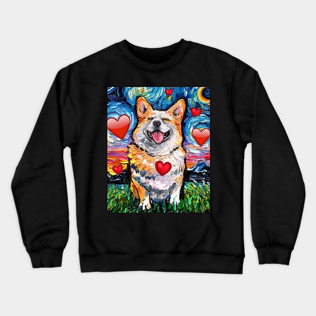 Smiling Corgi Night with hearts Crewneck Sweatshirt by sagittariusgallery